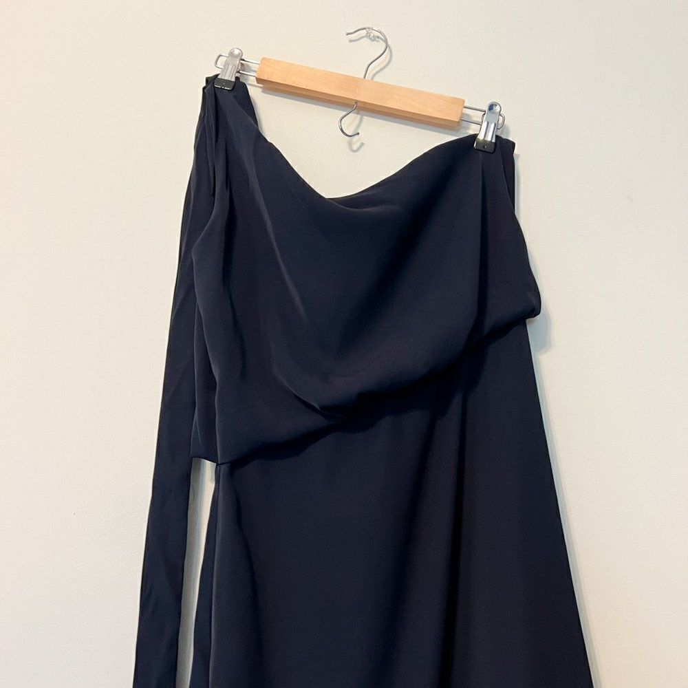 Amy Lynn Navy Blue One Shoulder Tie Satin Evening Midi Dress Size Medium - Picture 5 of 11